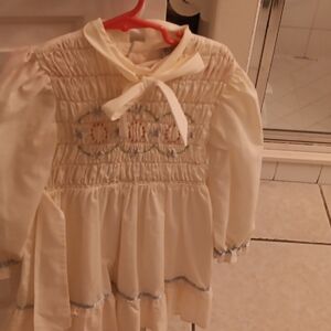Cream Smocked Long-Sleeve Kids Casual Dress with Bow